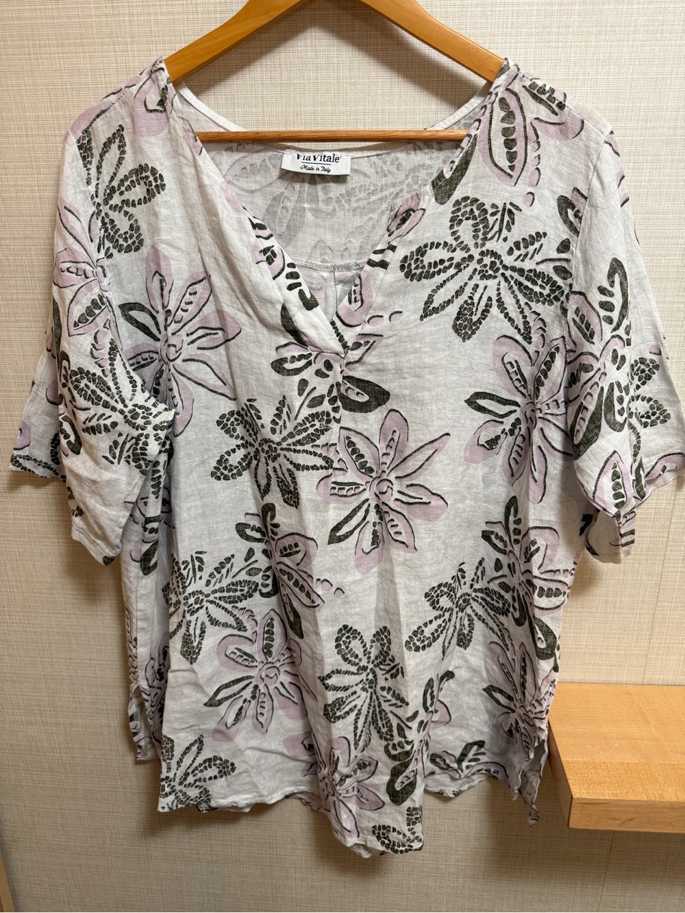 Made in Italy 100% Linen Floral Tunic Top L Pink Oversized